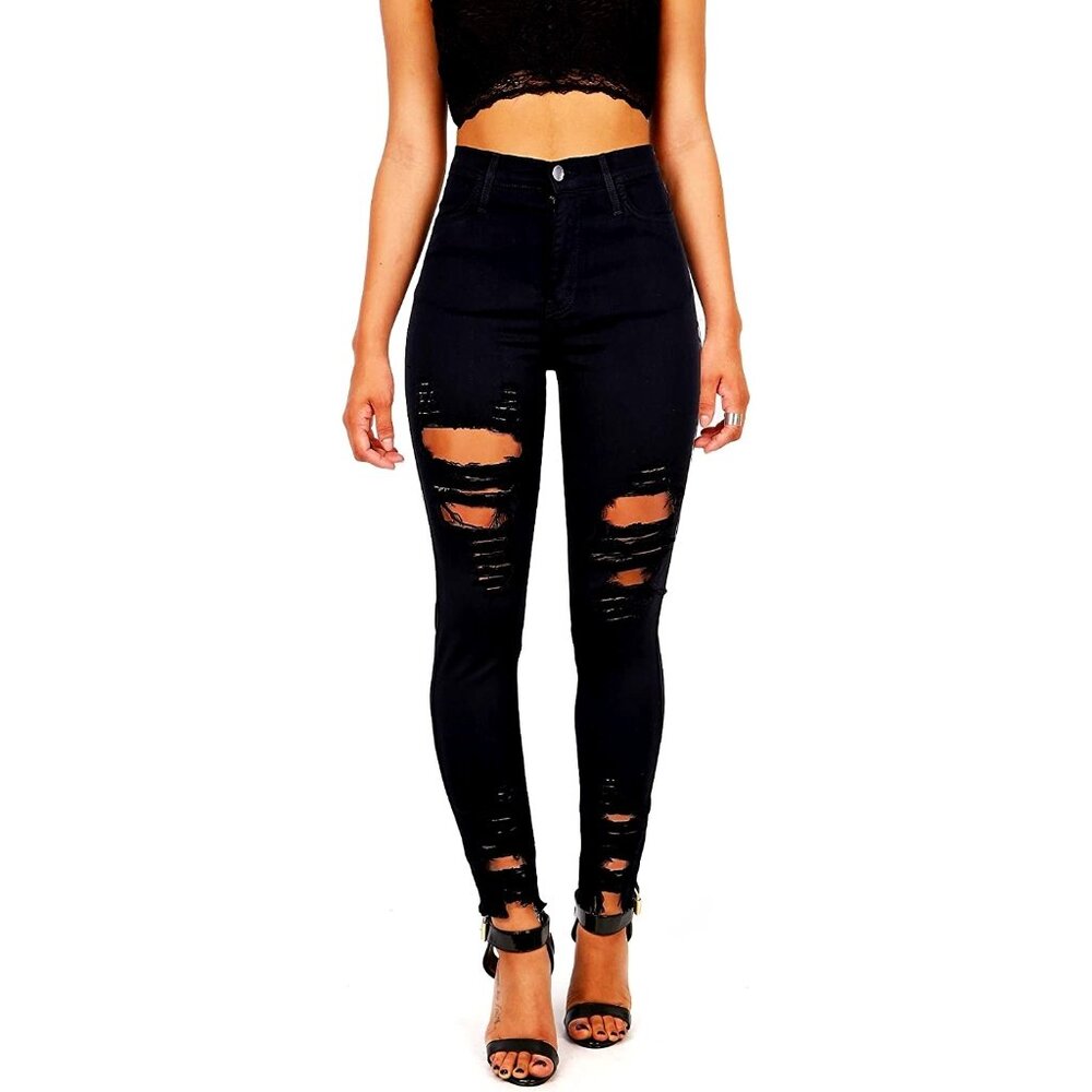 Vibrant NWT Distressed High Waisted Black Skinny Jeans Women's Size 7 Stretch